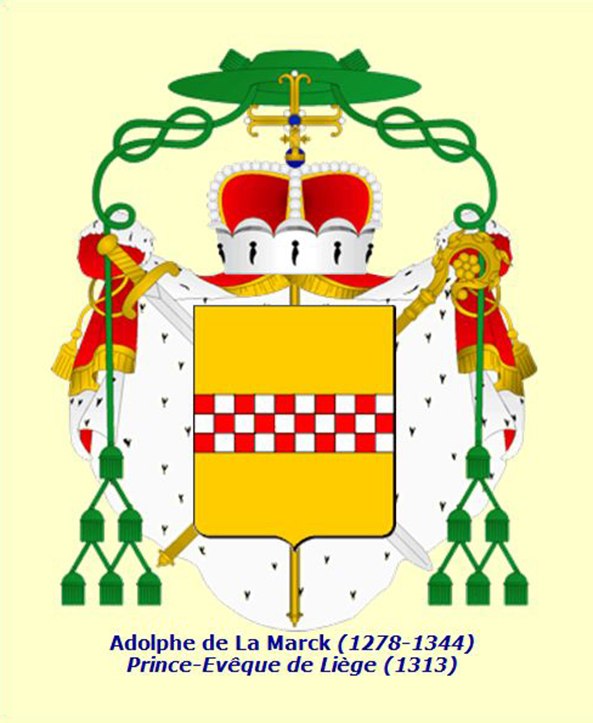 Wapenschild van Adolf van der Mark, prins-bisschop van Luik van 1313 tot aan zijn dood in 1344. Hij was een zoon van Everhard I van der Mark en Maria van Loon.