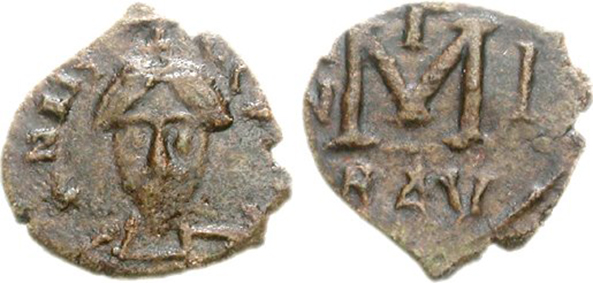 Munt met afbeelding van Aistulf, koning der Longobarden van 749 tot 756.