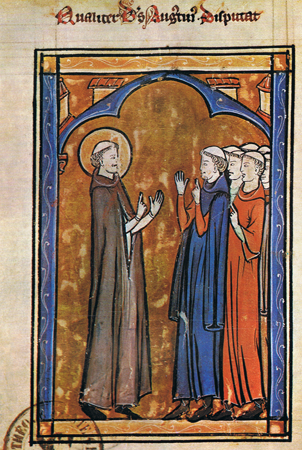 De werken van Augustinus, de grote kerkvader, behoorde tot de favoriete lectuur van Karel de Grote. Op de afbeelding zien we Augustinus met enkele leerlingen. Miniatuur uit een middeleeuws manuscript (Bibliothèque Sainte Geneviève, Parijs).