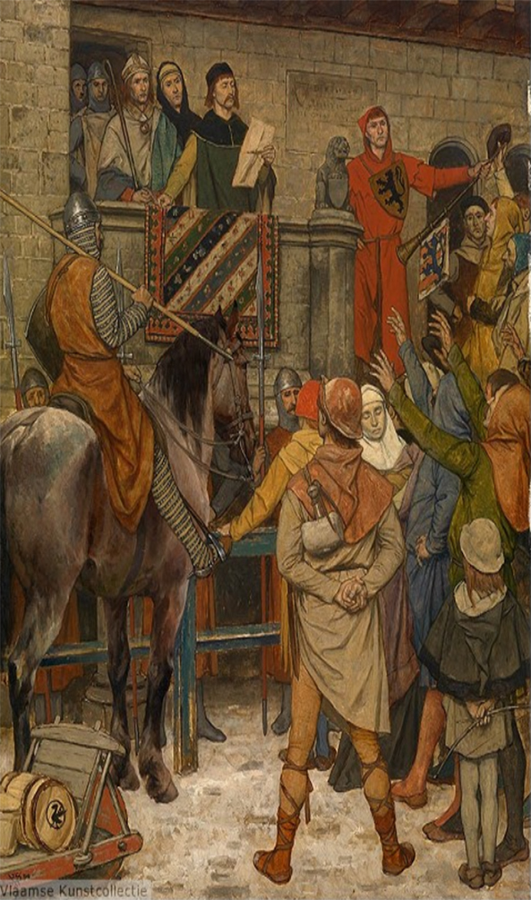 Deze negentiende-eeuwse muurschildering van A. De Vriendt in het Brugse stadhuis toont hoe een welwillende graaf Filips Brugge haar keure verleende. In werkelijkheid kwamen de stedelijke privileges vaak tot stand na een machtsstrijd tussen de graaf en zijn onderdanen.
