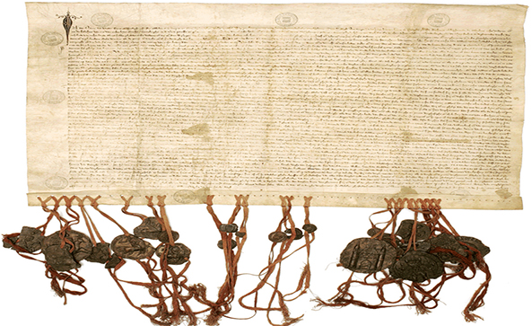 Afbeelding van het originele Charter van Kortenberg (1312). Oorkonde uit het Leuvense stadsarchief met nog een aantal zegels.