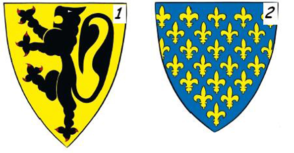 Wapenschilden van 1 = Clauwaerts en 2 = Leliaerts.