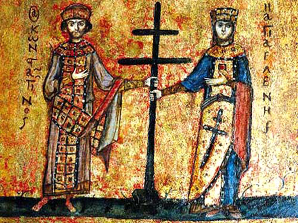 Keizer Constantijn VI met zijn moeder Irene met Byzantijns kruis (twee-armig model). Fresco. Jeruzalem, Toren van David, museum.