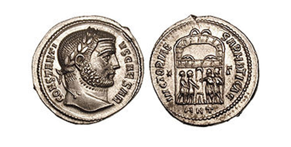 Munt met afbeelding van Romeins Keizer Constantius I Chlorus (305 - 306 n. C) met op de achterzijde een afbeelding van de Tetrarchen.