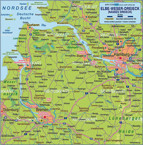 Kaart van de Elbe-Weser Driehoek waar de opstand tegen de Franken nog lang voortduurde.