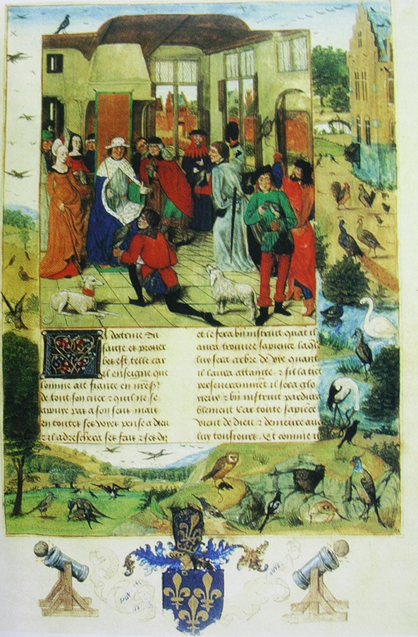 Afbeelding aan het hof van Frederik II. Op de afbeelding zijn meerdere dieren te zien. Keizer Frederik II was een groot dierenliefhebber en bezat ook vele exotische dieren, o.a. leeuwen en olifanten. Bij het huwelijk van koning Hendrik III van Engeland, stuurde Frederik II drie leeuwen als huwelijksgeschenk.