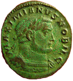 Munt met afbeelding van Romeins Keizer Galerius (305 - 311 n. C)