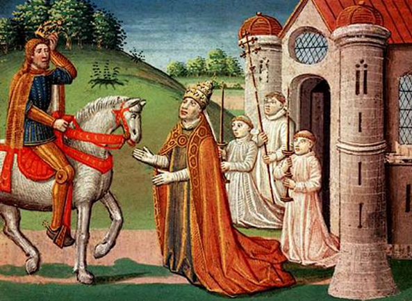 Karel de Grote op bezoek bij Hadrianus I. Er bestond een unieke vriendschap tussen beide mannen.