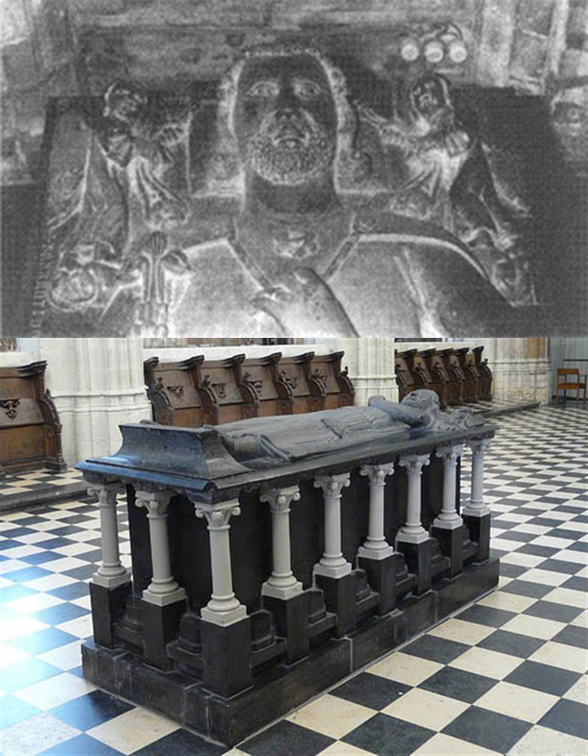 Boven: Hertog Hendrik I van Brabant (1190-1235). Detail van diens grafmonument in de Sint-Pieterskerk te Leuven. Onder: het volledige praalgraf.