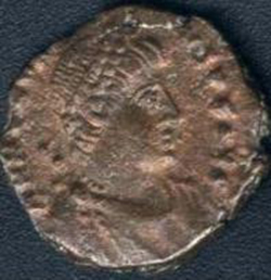 Munt met afbeelding van Romeins Keizer Honorius (395 - 423 n. C)