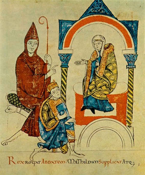 Hoogtepunt van de Investituurstrijd: keizer Hendrik IV vraagt Mathilde van Toscane en abt Hugo van Cluny te bemiddelen, waarna de tocht naar Canossa, een kasteel van Mathilde, de excommunicatie van Hendrik IV beëindigde.