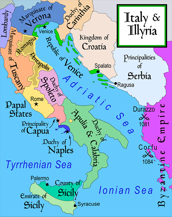Kaart van Italië en Illyrië, met rechts van Rome, het hertogdom Spoleto, waar paus Leo III bescherming kreeg van hertog Winigis na de mislukte aanslag op 25 april 799.