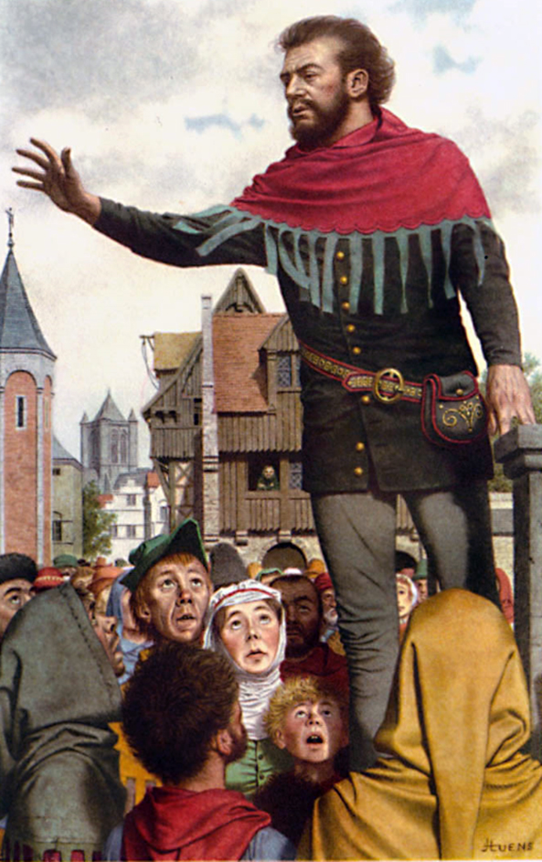 Romantische voorstelling van Jacob van Artevelde uit de historiserende prentenreeks 's Lands Glorie. De 'wijze man van Gent' spreekt zijn medeburgers toe. (J.-L. Huens)