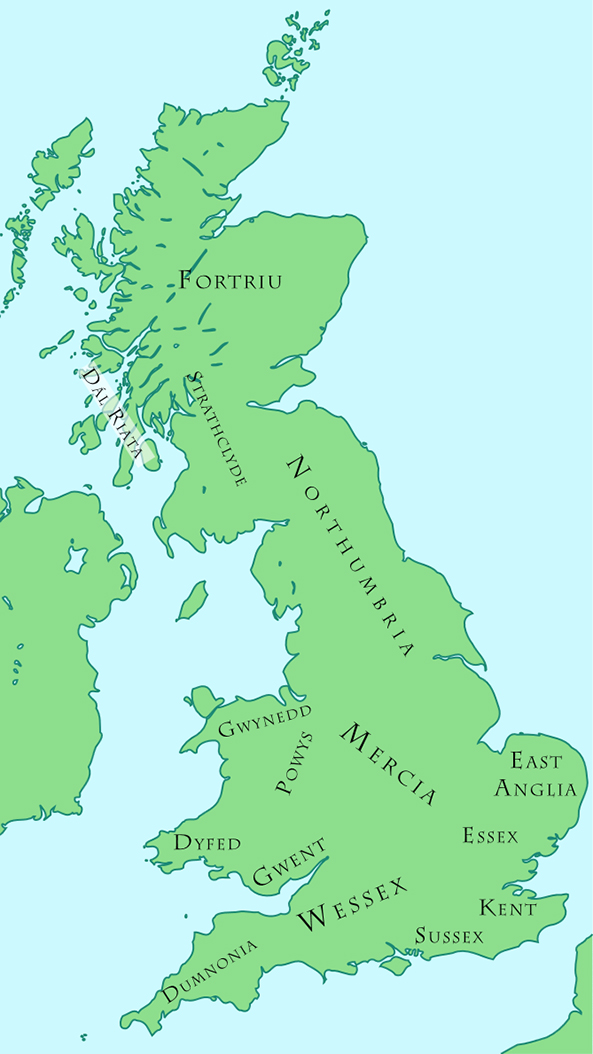 Kaart van de Britse Koninkrijken in de 8e eeuw. Karel de Grote onderhield eerst goede betrekkingen met Koning Offa van Mercië. Deze goede betrekkingen werden echter teniet gedaan na de weigering van Karel om zijn oudste zoon bij Hildegard te laten trouwen met een dochter van Offa. Dit incident mondde uit in een handelsoorlog met Mercië die echter niet lang duurde. 