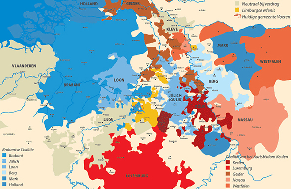 Kaart van de Nederlanden in de 13e eeuw. Links in het blauw, het Hertogdom Brabant. Deze kaart duidt alle vorstendommen aan die streden in de Slag bij Woeringen (5 juni 1288).