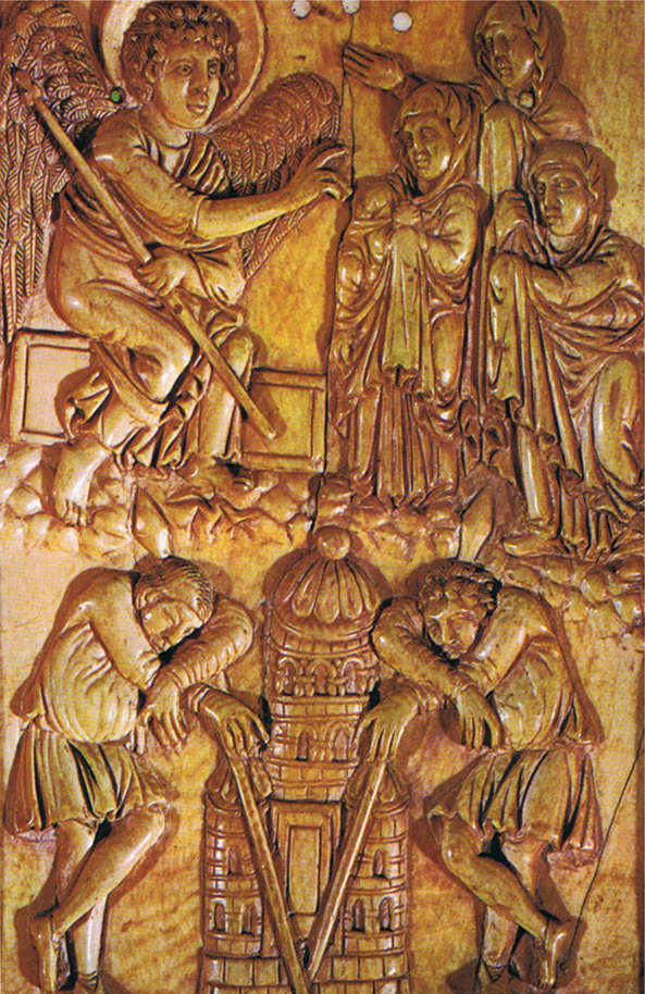 Karolingisch ivoor dat sterk gelijkt op de Byzantijnse kunst uit die tijd (Museo Bargello, Florence).