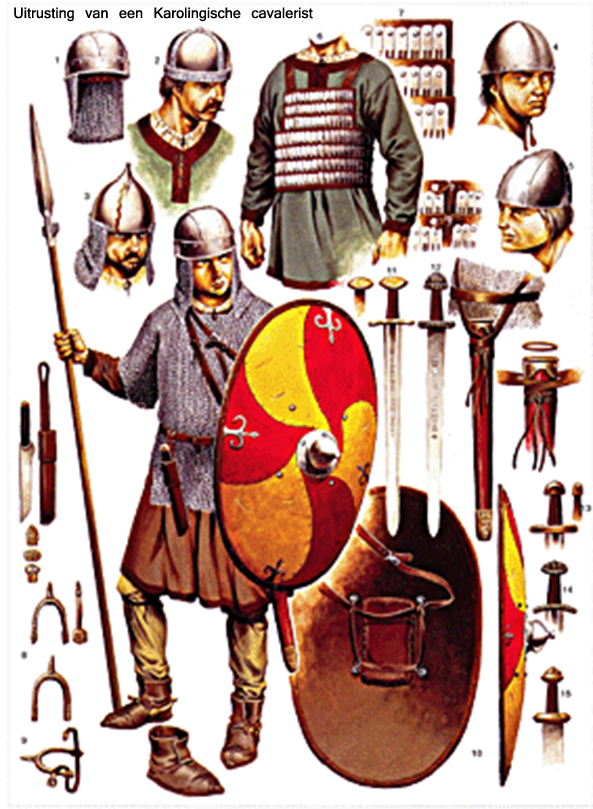 Volledige wapenuitrusting van een Karolingische cavalerist (krijger te paard).