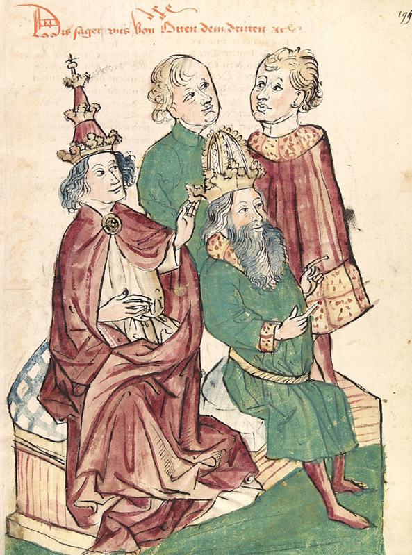 Kroning van Otto III tot keizer van het Heilige Roomse Rijk door paus Gregorius V.