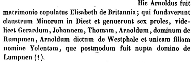 Tekst uit Compte Rendu des S&eacute;ances de la Commission Royale d'Histoire met vermelding van de kinderen van Arnold V (in het Latijn).