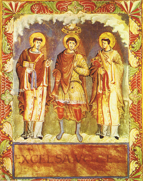 Kroning van een Frankische prins; miniatuur uit een negende-eeuws manuscript - Evangeliarium van Lotharius. Waarschijnlijk is de gekroonde Pippijn de Korte (Bibliothèque Nationale, Parijs).
