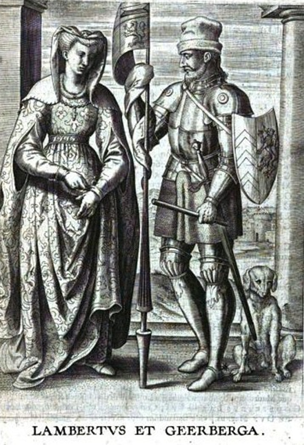 Lambert I (met de baard) de eerste graaf van Leuven met zijn echtgenote Gerberga, dochter van de hertog van Neder-Lotharingen.