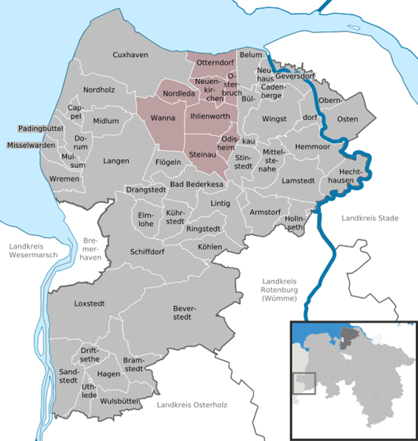 Kaart van Nedersaksen met in het rood aangeduid het Land van Hadeln.