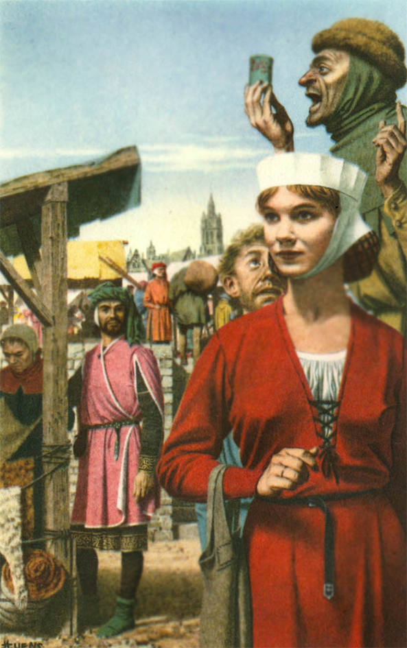 Illustratie uit de reeks ''s Lands Glorie' met de voorstelling van een jaarmarkt. De markt was een kleurrijk spektakel van kopers en verkopers, maar was ook de plaats waar vrouwen een prominente plaats in het economische leven konden hebben (J.-L. Huens).