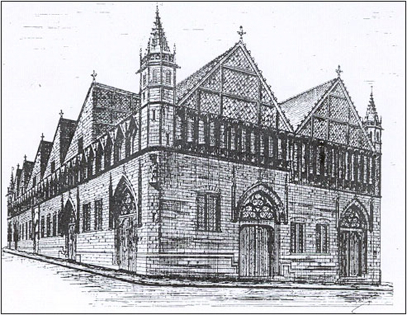 Schets van de Leuvense lakenhal met het oorspronkelijk dak. Die constructie was bedoeld om zo veel mogelijk licht en lucht binnen te laten.