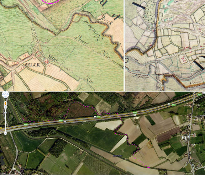 Vergelijking tussen een Ferrariskaart (1777) en een huidige satellietfoto.