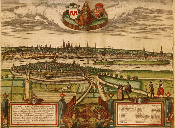 Afbeelding van Maastricht in de Middeleeuwen. In 1204 werd Maastricht door de keizer in leen gegeven aan de hertog van Brabant. Vanaf dat moment had Maastricht twee heren, de (prins-)bisschop van Luik en de hertog van Brabant, het begin van de tweeherigheid van Maastricht. Rond 1400 kwam Brabant, en dus ook een deel van Maastricht, in bezit van de hertog van Bourgondi&euml;. Karel de Stoute, en later Karel V en Filips II, verbleven meermaals in de stad en logeerden dan in het Brabants Gouvernement. Maastricht heeft nooit stadsrechten in de zin van een stadsbrief gehad. Wel kreeg de stad in 1229 van hertog Hendrik I van Brabant toestemming om de bestaande aarden wal rond de stad te vervangen door een stenen stadsmuur.