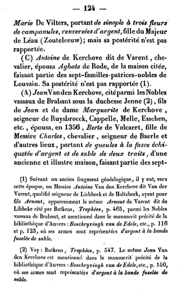 Tekst betreffende de verwantschap tussen de familie de Vilters en de familie de Kerckhove. Wapenschild van de familie (de) Vilters