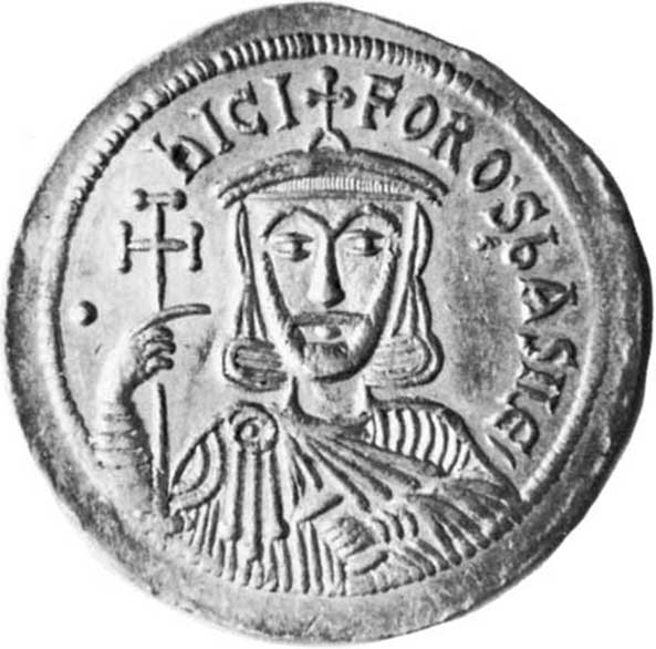 Munt met afbeelding van Nicephorus I, de nieuwe sterke man in Byzantium, die in 802 keizerin Irene opvolgde als keizer.