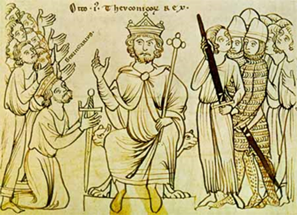 Uit een middeleeuws manuscript (±1200): Otto I Theutonicorum Rex (Otto de eerste koning der Duitsers) aanvaardt de overgave van Koning Berengarius van het Koninkrijk Italië.
