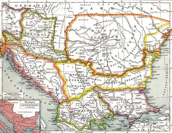 Ligging van Pannonië ten opzichte van andere Europese landstreken. Pannonië maakte deel uit van het Romeinse Rijk. Later werd het bekend om zijn locatie van de Avarenring waar de Hunnen hun schat hadden opgeslagen.