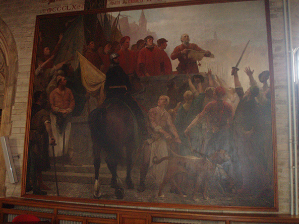 Pieter Coutereel verscheurt de voorrechten van de Leuvense Sint-Pietermannen, zoals schilder Andr Hennebicq dat in 1890 op het doek schilderde.
