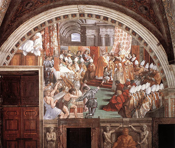 Afbeelding van de kroning tot keizer van Karel de Grote in een van de zogenaamde "Stanze de Raphaël" (kamers van Rafael) in de Sint-Pieterskerk te Rome. De fresco's werden voltooid in de periode 1508-1531.