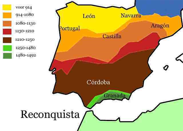 Op de kaart is te zien - verdeeld in tijdvakken - hoe het Iberisch Schiereiland werd heroverd (reconquista) op de Moren.