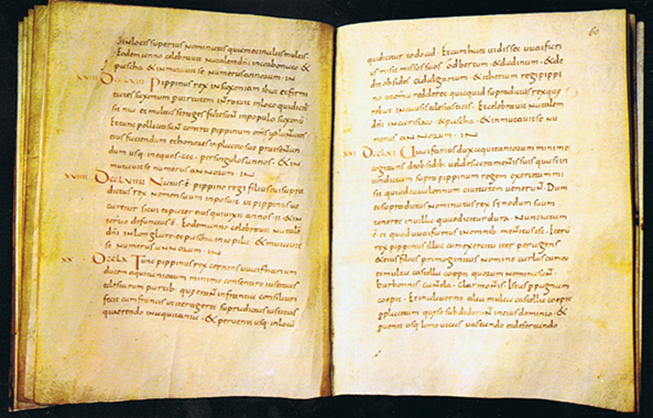 Twee pagina's uit de Annales Regnum Francorum, dat toegeschreven wordt aan Einhard (Bibliothèque Nationale, Parijs).