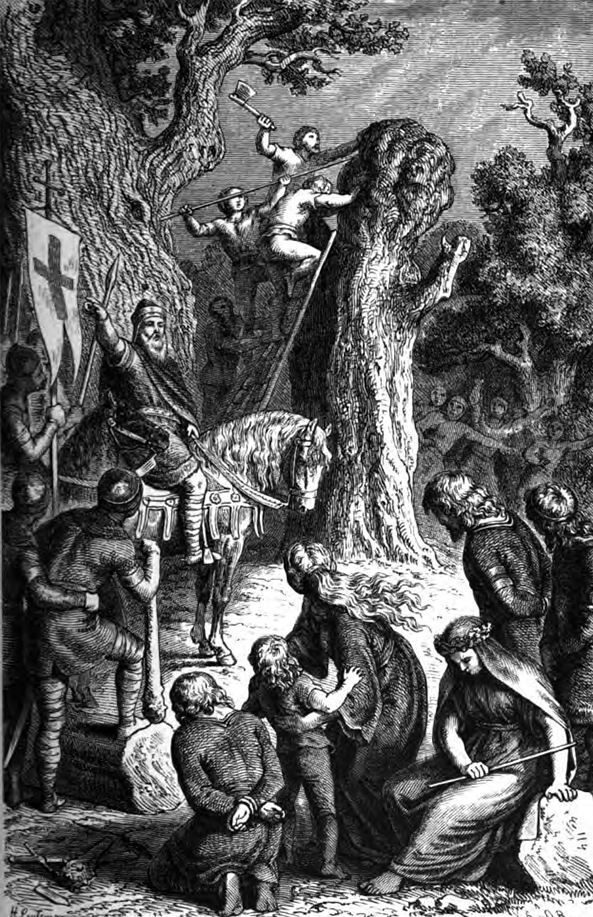 De verwoesting van de Irminsul, een belangrijk heiligdom voor de Saksen, door Karel de Grote was de aanleiding van de Saksenoorlogen. (Afbeelding: Heinrich Leutemann, 1882).