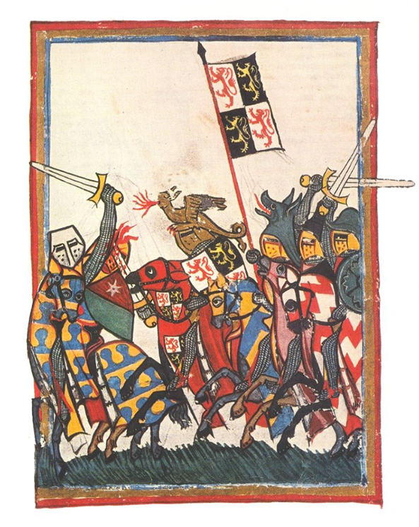 Afbeelding van de Slag bij Woeringen (5 juni 1288) uit de Codex Manesse (1305-1340). De voorstelling toont de banier van Hertog Jan van Brabant in de slag bij Woeringen met, vooruitlopend op de afloop, de reeds verenigde Limburgse en Brabantse Leeuwen.