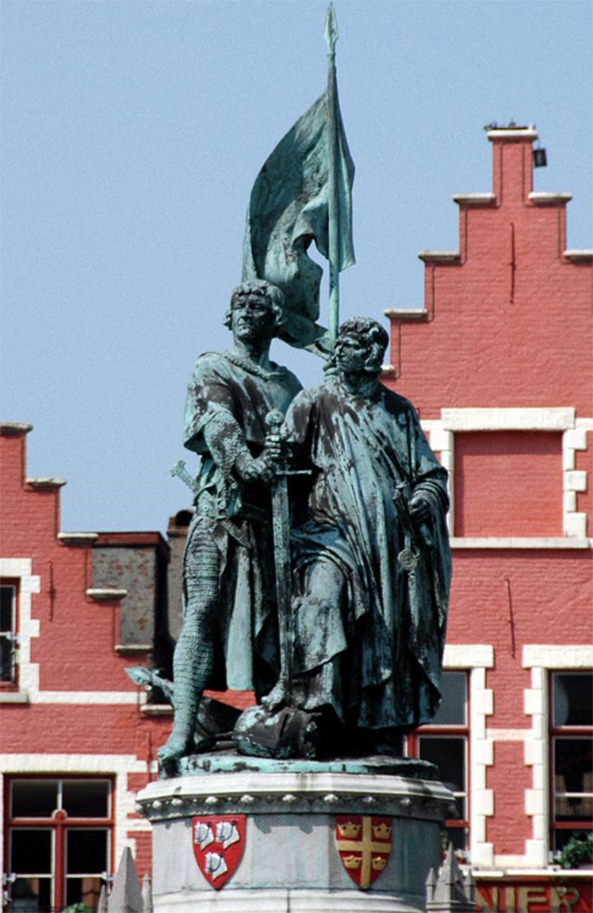 Standbeeld van Jan Breydel en Pieter de Koninck, de leiders van de Clauwaerts, op de Grote Markt van Brugge.
