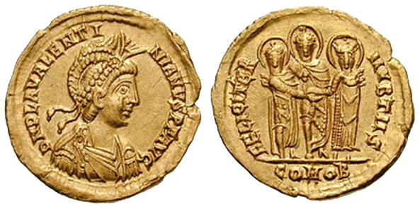 Munt met afbeelding van Romeins Keizer Valentinianus III (425 - 455 n. C)