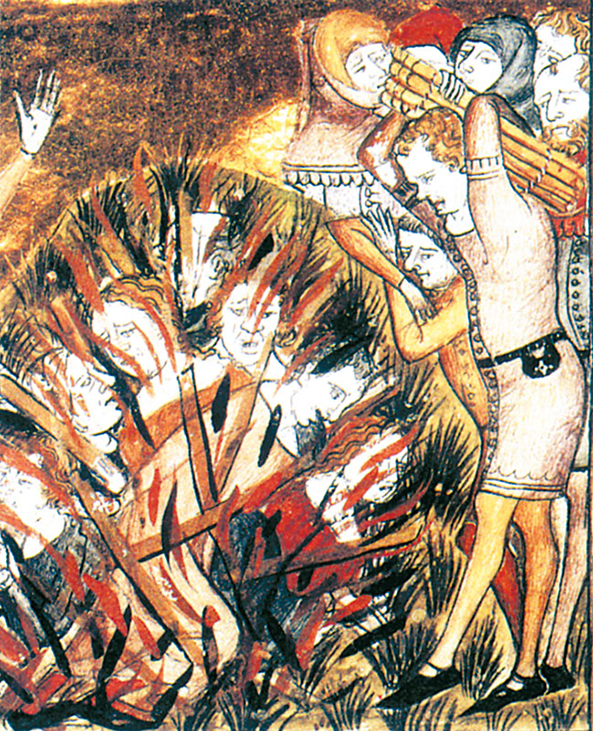 Verbranding der Joden, miniatuur uit de kroniek van Aegidius (Gilles) li Muisit, Doornik. Datering uit de periode van de Zwarte Dood; 1349-1353.