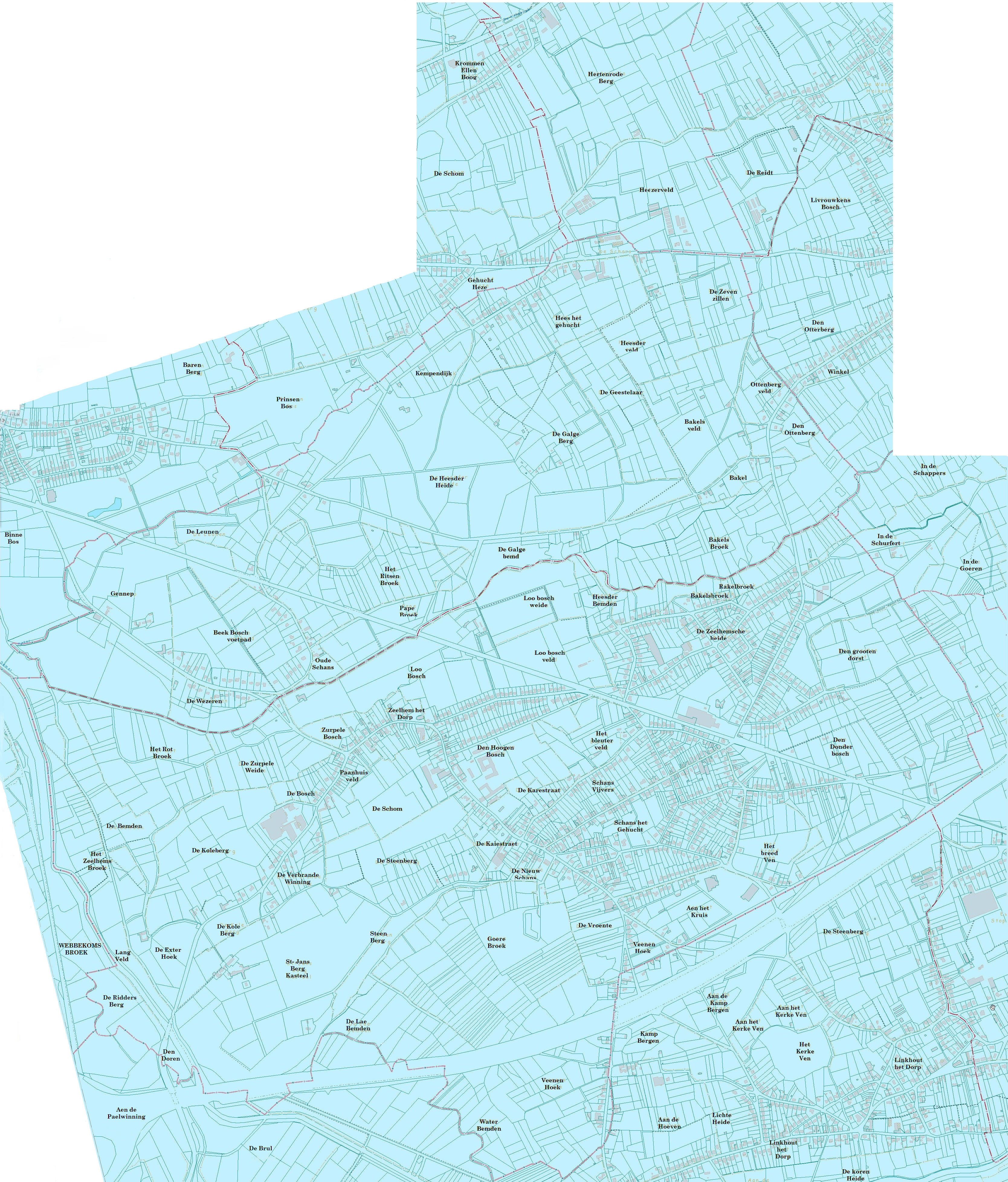 Cadastraal plan van Zelem met de verschillende benamingen van de gebieden.