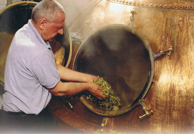 Hop gaat in de brouwketel. Hier gebruikt de brouwer geplette hopbellen, maar soms voegt hij hopkorrels of een jamachtig hopextract toe.