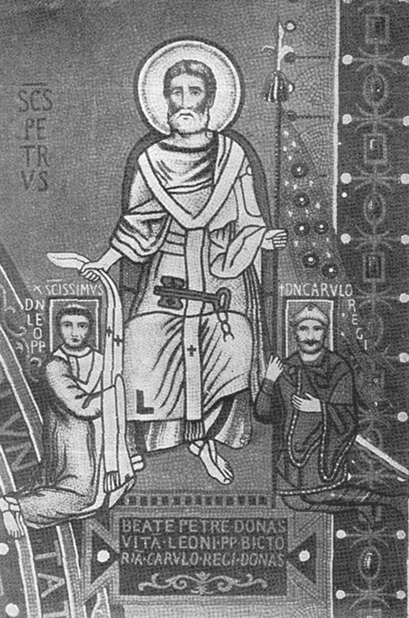 Afbeelding van het verdwenen mozaïek in het triclinium (eetzaal) van het Lateraans paleis te Rome. In het midden op de afbeelding de H. Petrus met aan zijn rechterhand Paus Leo III die het pallium ontvangt als teken van de geestelijke macht en links Karel de Grote die een vlaggenmast ontvangt als teken van zijn wereldlijke macht.
