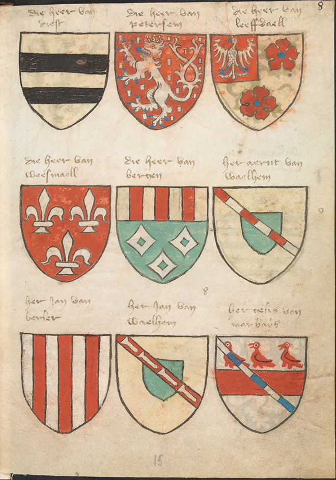 Arnold IV nam deel aan het toernooi van Compi&egrave;gne in feb 1238. Uit het &ldquo;Wapenboek Beyeren&rdquo; van 1405, deelnemers van het toernooi. Linksboven, wapenschild  van de heer van Diest, het goud in het schild is sterk vervaagd.